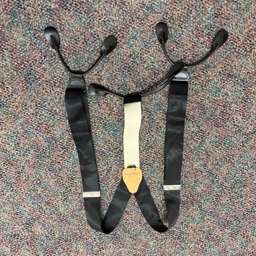 Brooks Brothers Mens Suspenders Black Textured Y-Back Leather Button End Braces